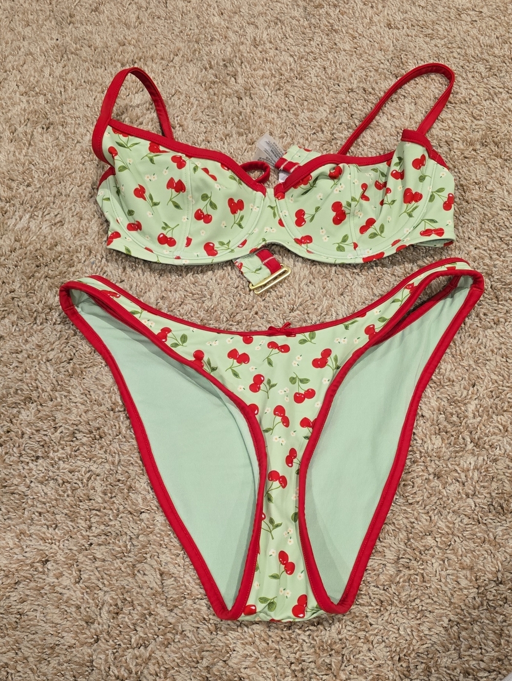 Frankie's PINK Cherry Print Green & Red Women's Bikini NWT